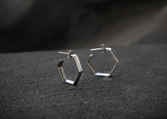 Hexagon Silver Hoop Earrings